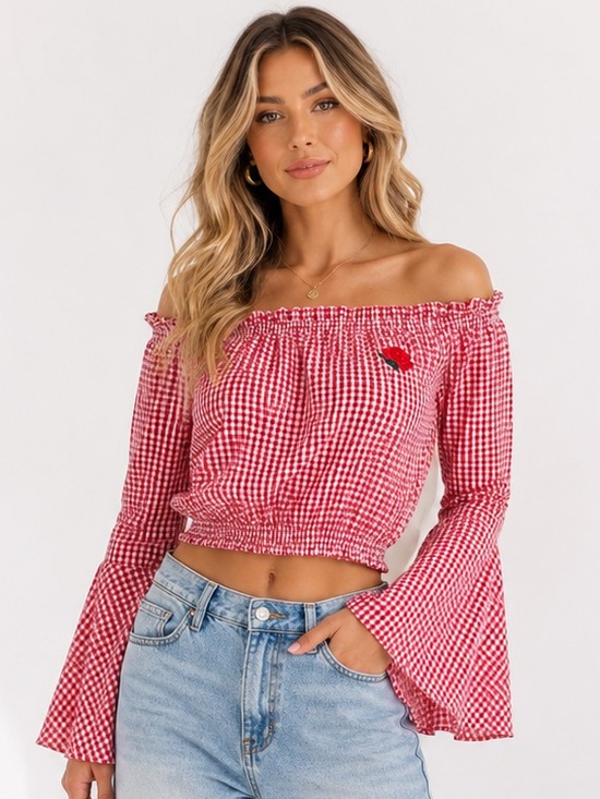 Streetwear Society Tops - Streetwear Society Red Gingham Off-Shoulder Flare Sleeve Top